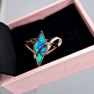 Rose gold diamond shape blue fire opalite ring